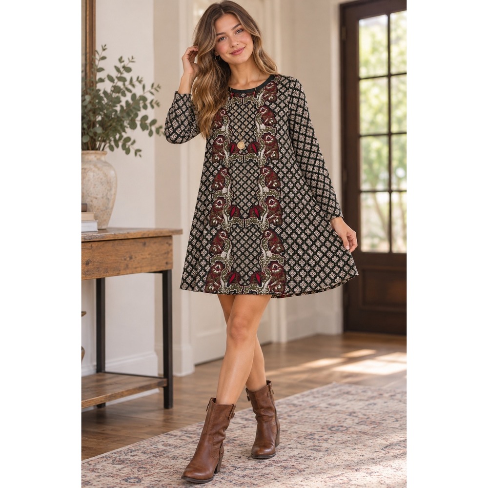 Xhilaration Shift Dress Womens Large Green Red Geometric Floral Long Sleeve Boho
